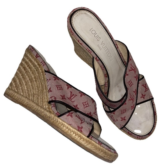 Vintage LOUIS VUITTON Espadrille Wedge Sandals Pink Monogram EU 38.5 US 8 Y2K - Picture 2 of 11